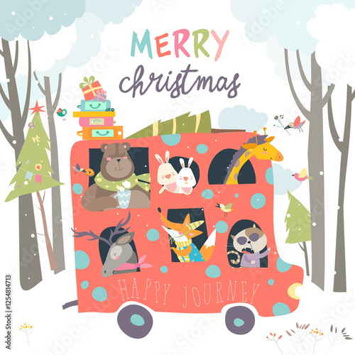 Fototapeta Naklejka Na Ścianę i Meble -  Cute animals traveling by bus. Vector illustration