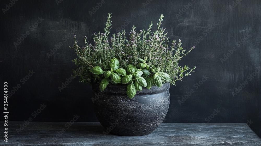 A dark, rustic pot filled with fresh basil and thyme, highlighting a natural, herbal aesthetic. A dark, rustic pot filled with fresh basil and thyme, highlighting a natural, herbal aesthetic.