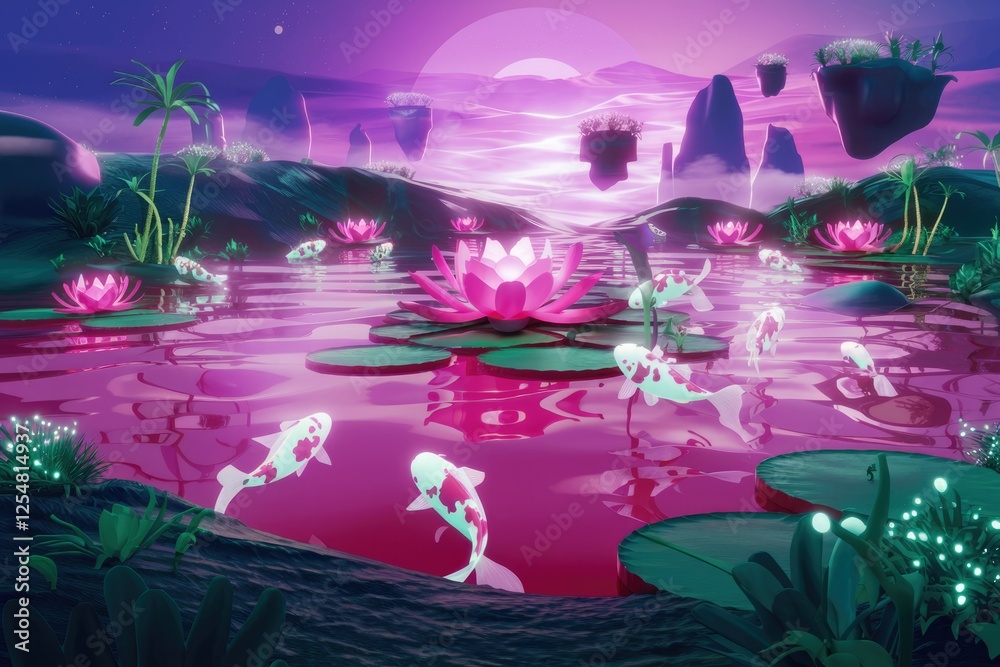 Fototapeta premium Surreal pink landscape with floating islands, koi fish swimming in a lotus pond under a vibrant sunset.