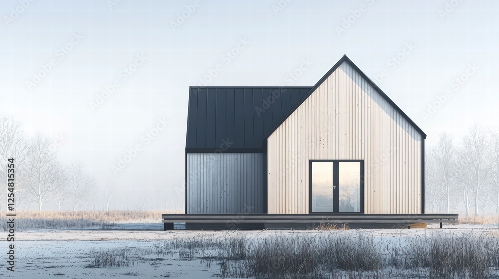 Modern Minimalist House in Winter Landscape: A sleek, modern house with light wood siding and a dark metal roof sits on a deck overlooking a snowy, frosty landscape. Modern Minimalist House in Winter Landscape: A sleek, modern house with light wood siding and a dark metal roof sits on a deck overlooking a snowy, frosty landscape.