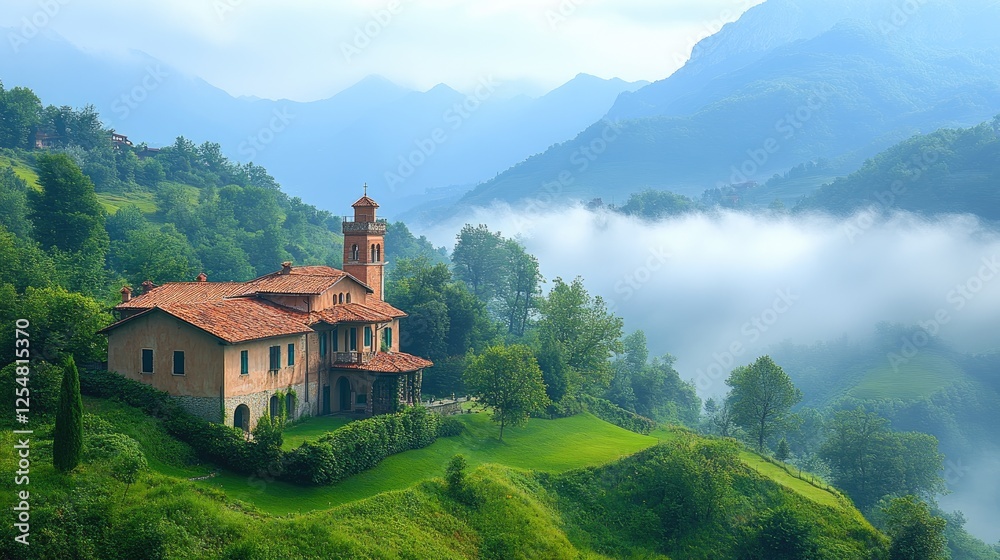 Serene hillside villa surrounded by lush greenery and misty mountains at dawn Serene hillside villa surrounded by lush greenery and misty mountains at dawn