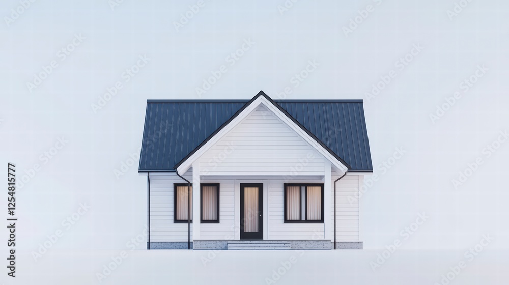 Naklejka premium Dream Home: A charming, minimalist house model with a dark gray roof and white siding sits against a light blue backdrop, symbolizing simplicity, elegance, and the aspiration of homeownership.