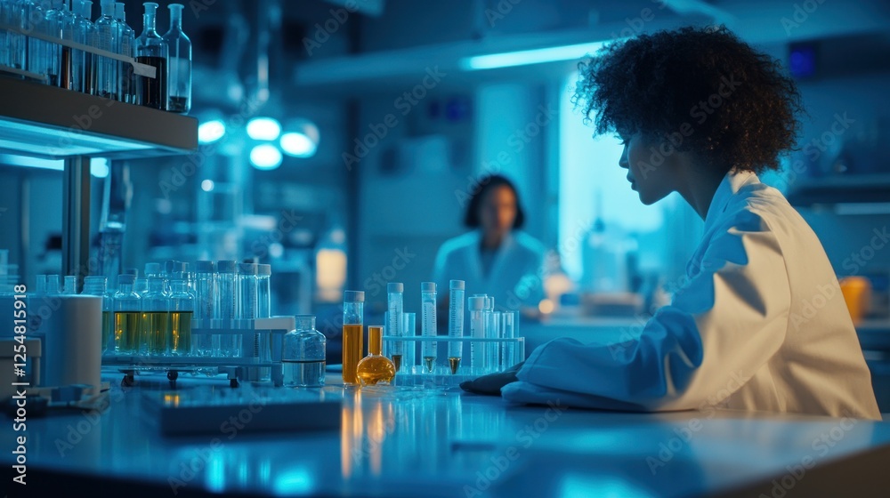 Obraz premium Scientist analyzes samples in lab at night, colleague in background