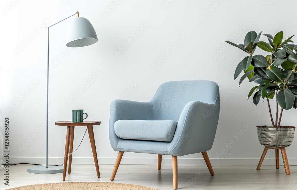 Fototapeta premium A blue armchair with a wooden frame sits in a white room with a plant in a pot and a lamp