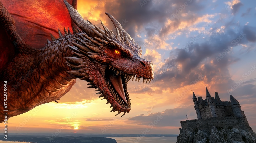 Obraz premium Fierce red dragon head at sunset, dramatic sky, looming over castle silhouette, fantasy scene, digital art style, pixelated dragon, epic landscape