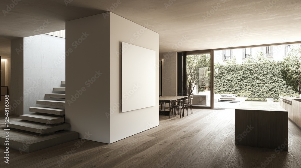 Obraz premium Modern minimalist living space with open layout, featuring a staircase, dining area, and garden view