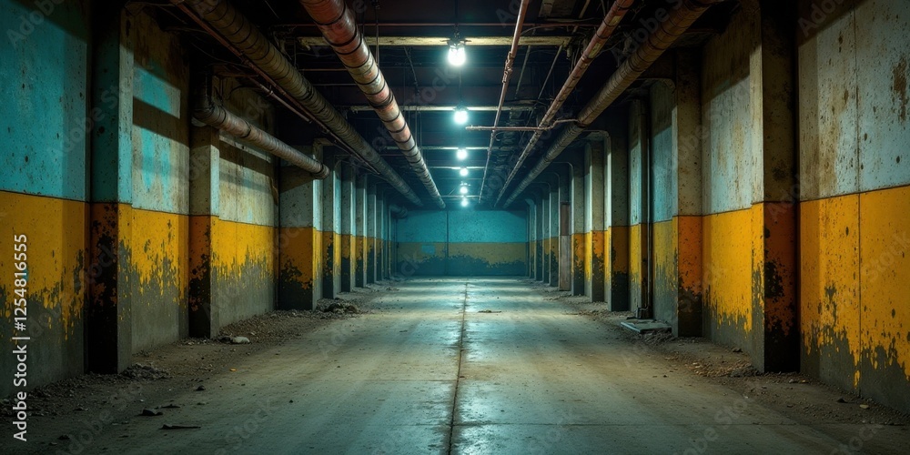 A dimly lit, aged subterranean passageway with peeling paint, revealing layers of history and decay; industrial pipes overhead cast long shadows on the weathered concrete floor. A dimly lit, aged subterranean passageway with peeling paint, revealing layers of history and decay; industrial pipes overhead cast long shadows on the weathered concrete floor.