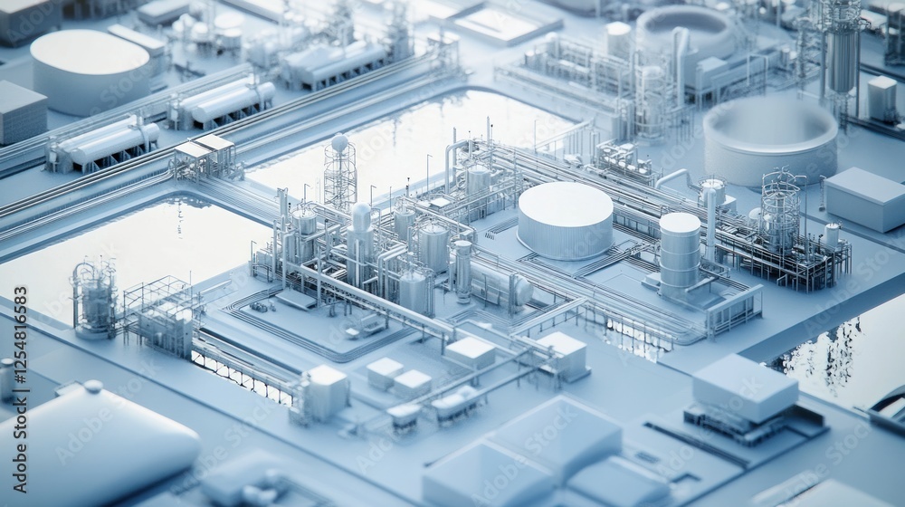 Obraz premium White industrial complex aerial view, infrastructure, refinery, pipes, production, design, background, blueprint, 3D model, illustration