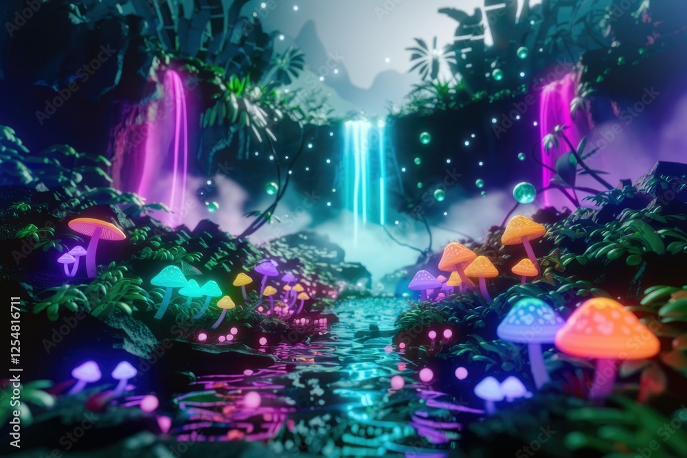 Neon glowing mushrooms and waterfalls in a vibrant, surreal forest scene. Neon glowing mushrooms and waterfalls in a vibrant, surreal forest scene.
