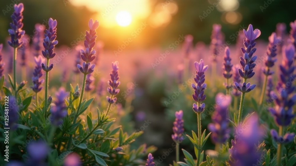 Obraz premium Golden Hour Lavender Field A tranquil scene of delicate purple lavender blossoms bathed in the warm glow of the setting sun, creating a serene and peaceful atmosphere.