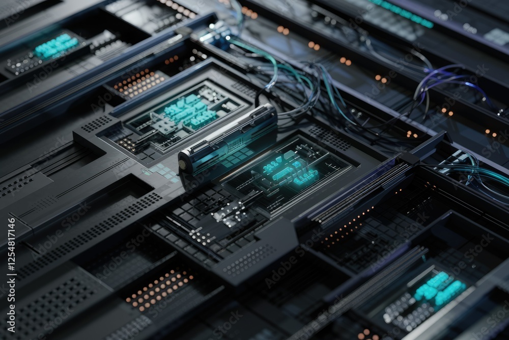 Futuristic technological circuit board with intricate components and glowing details, showcasing advanced hardware.