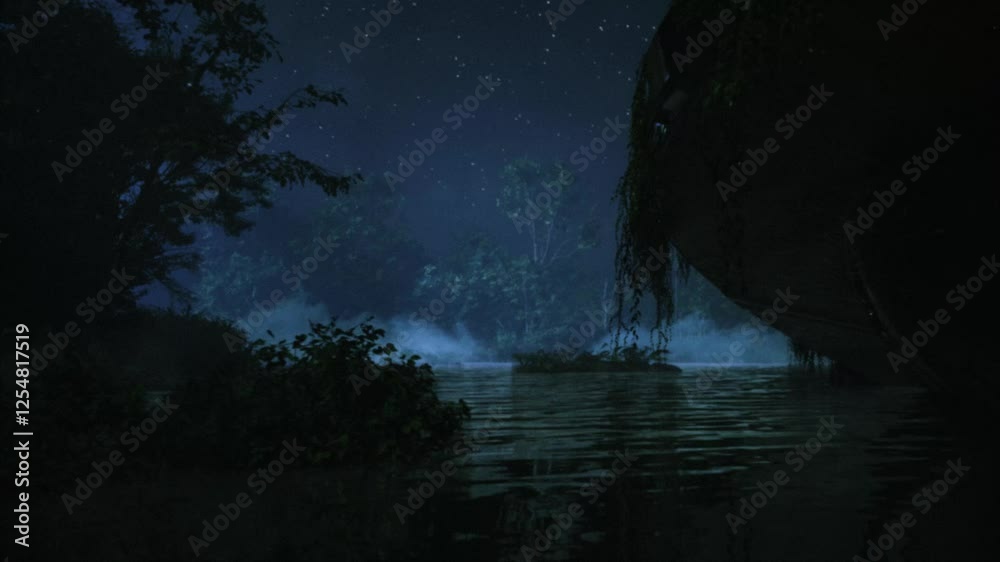 An ancient UFO crash site is revealed in the night mist, towering out of the waterways of an ancient swamp, massive, rusted and overgrown with creepers and plants An ancient UFO crash site is revealed in the night mist, towering out of the waterways of an ancient swamp, massive, rusted and overgrown with creepers and plants