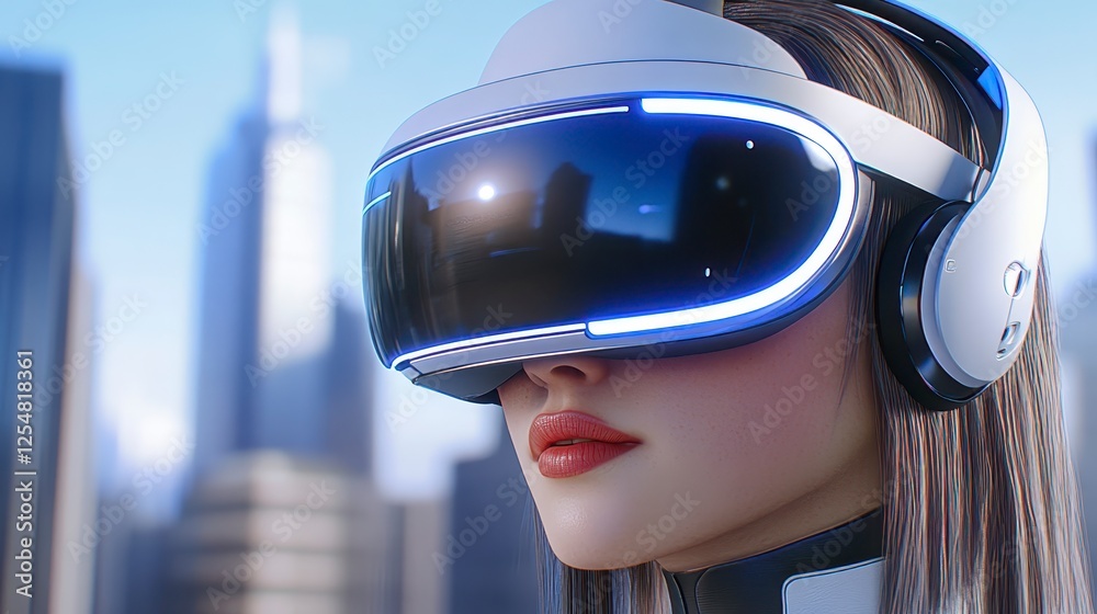 Close up of a young woman wearing virtual reality headset, light blue glowing details, city background, futuristic digital art style, modern fashion Close up of a young woman wearing virtual reality headset, light blue glowing details, city background, futuristic digital art style, modern fashion