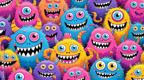 Wallpaper Mural Bright and rich illustration with funny cartoon monsters. Multicolored fluffy characters with big eyes and sharp teeth. Torontodigital.ca