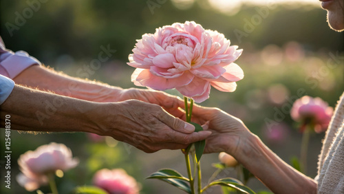 A close-up of hands gently holding a blooming peony in soft focus with natural light. The atmosphere is intimate and emotional, conveying warmth and care. photo