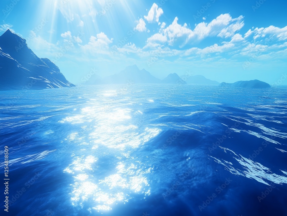 Fototapeta premium Serene ocean scene with sunlit mountains and clouds.