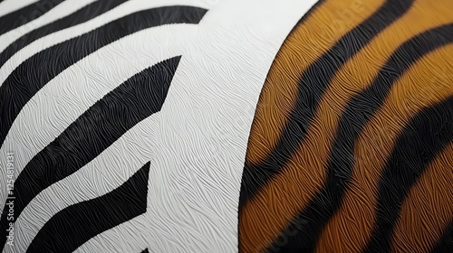 Black and white zebra stripes with orange tiger stripes on a textured surface creating interesting patterns. photo