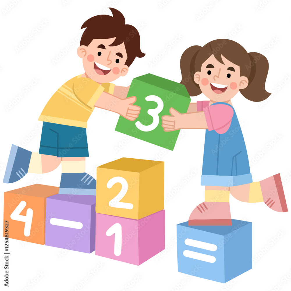 Illustration of boy and girl playing with number blocks Illustration of boy and girl playing with number blocks