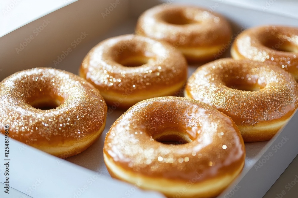 Six golden glazed donuts with edible glitter, arranged in a box. Six golden glazed donuts with edible glitter, arranged in a box.