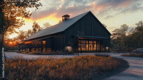 Black Barn at Sunset: A modern black barn with large windows and a charming cupola stands majestically against the backdrop of a breathtaking sunset.