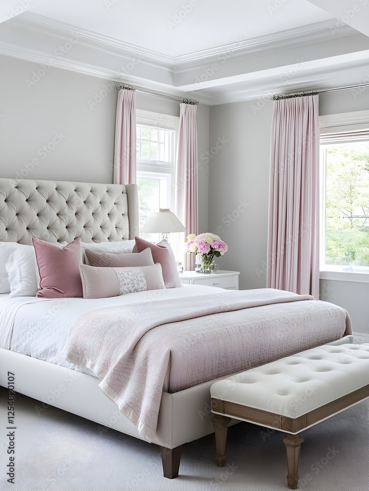 Fototapeta premium A light gray and blush combination bedroom with an elegant white frame.