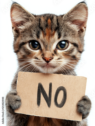 Adorable Kitten Holding Cardboard Sign Saying No Cute Pet Refusal Feline Protest