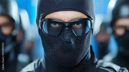 Closeup view of a person in dark military uniform and face covering, wearing protective eyewear, intense gaze, background showing a group of people photo