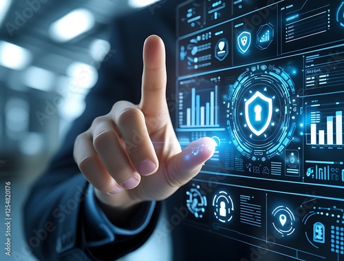 Business professional interacting with a futuristic cybersecurity interface, featuring a digital shield, data protection, and secure technology solutions for online privacy and network security

 photo