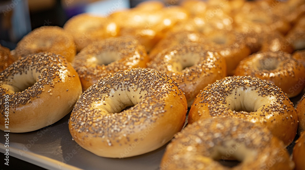 Freshly baked bagels with sesame seeds arranged neatly in a bakery display case
