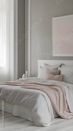 A light gray and blush combination bedroom with an elegant white frame.