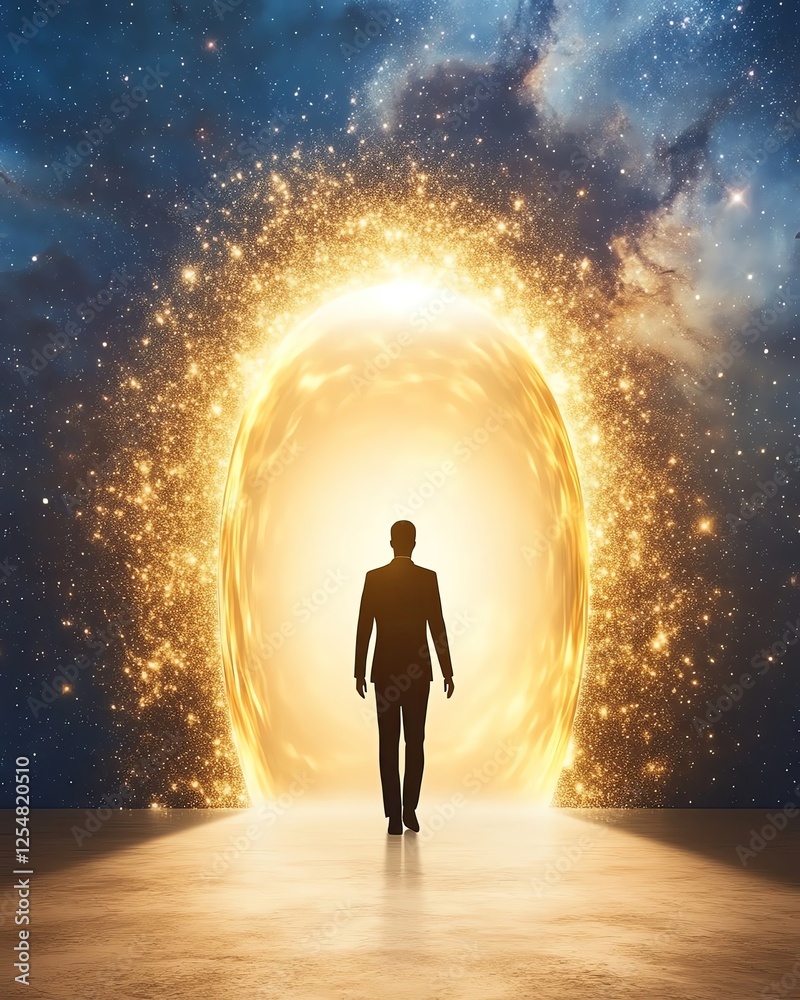 Obraz premium ้hustle-free entrepreneur concept A silhouette standing before a glowing portal.