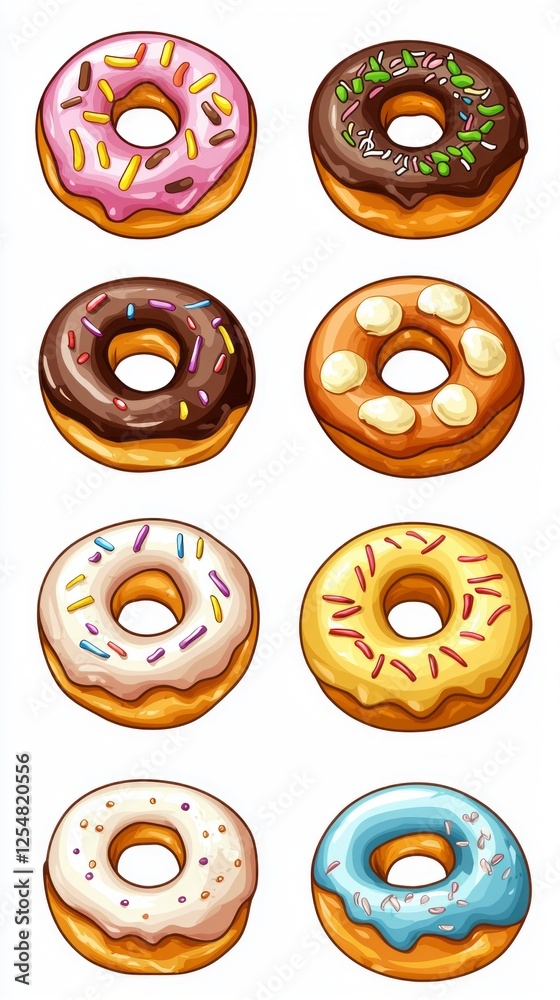 A vibrant collection of donuts featuring a range of toppings such as sprinkles, chocolate, and creamy frosting. Perfect for satisfying sweet cravings or decorating a bakery menu A vibrant collection of donuts featuring a range of toppings such as sprinkles, chocolate, and creamy frosting. Perfect for satisfying sweet cravings or decorating a bakery menu