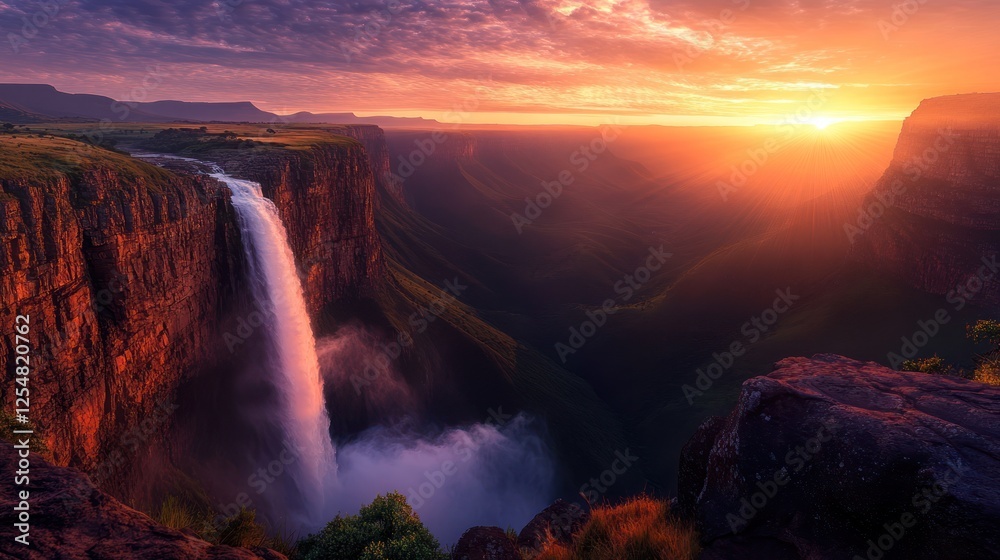 Obraz premium Majestic waterfall sunset, canyon landscape, vibrant sky, nature photography, travel