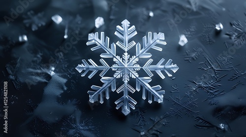 Intricate crystal snowflake resting on a dark icy surface, symbolizing winter, frost, and the beauty of cold weather with delicate frozen patterns and a shimmering, elegant design

 photo