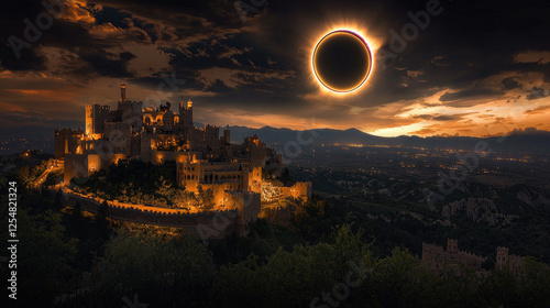 Majestic castle illuminated by a solar eclipse at dusk, surrounded by dramatic clouds and mountains