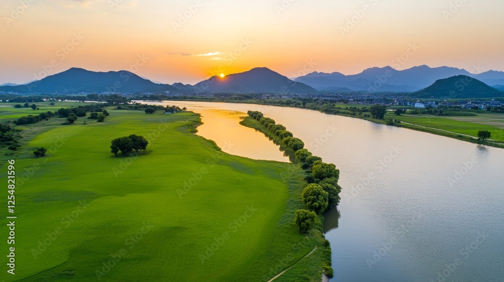 Fototapeta premium Aerial View of Green Grassland and River with Mountains at Sunset