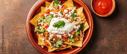 Mexican cuisine, Delicious plate of chilaquiles verdes topped shredded chicken, sour cream, fresh cilantro, served salsa on side photo