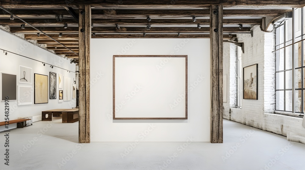 Fototapeta premium A loft-style art gallery with exposed beams, neutral tones, and a framed blank canvas.