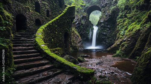 Serene waterfall cascading through ancient stone ruins surrounded by lush greenery