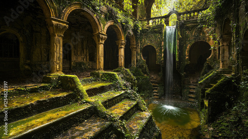Abandoned architectural ruins with a waterfall surrounded by lush greenery and moss