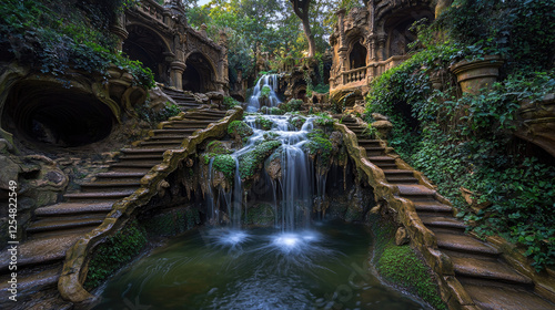 Serene waterfall cascading down ancient stone steps surrounded by lush greenery in a mystical garden