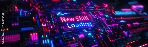 Futuristic Self-improvement concept. Neon Glowing Circuit Board Displaying New Skill Loading Text