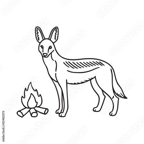 A jackal standing alert in an open savanna near the remains of an old campfire