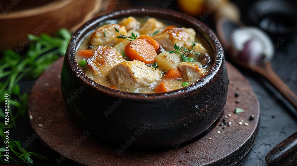 Warm chicken stew with vegetables served in a rustic bowl on a wooden table Warm chicken stew with vegetables served in a rustic bowl on a wooden table