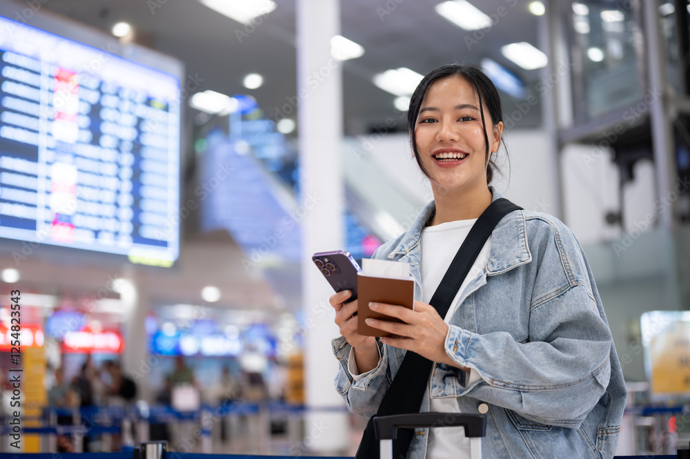 A cheerful, beautiful Asian female stands in the airport terminal, ready to travel for her vacation. A cheerful, beautiful Asian female stands in the airport terminal, ready to travel for her vacation.