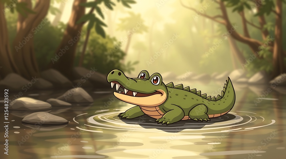 Fototapeta premium Adorable Cartoon Crocodile in a River Forest
