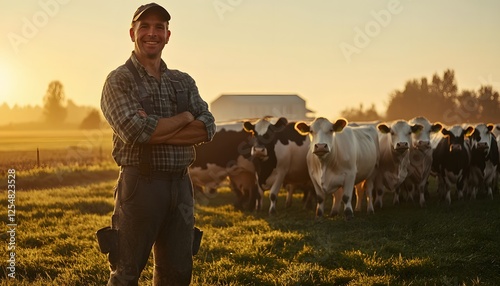 Smiling farmer stands proudly with his herd during sunrise