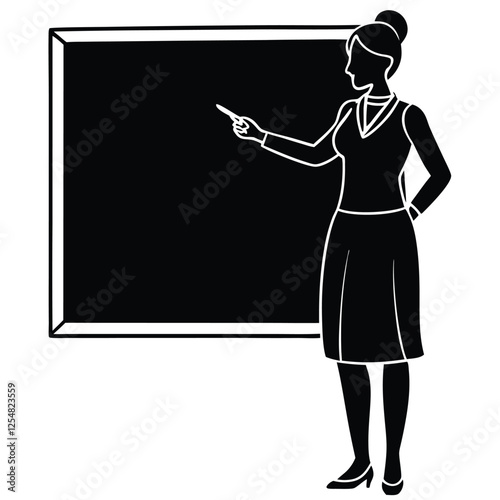 A silhouette of a female teacher standing in front of a blackboard, 