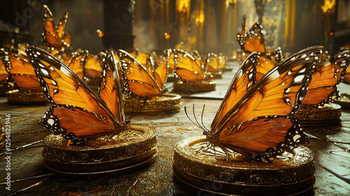A mesmerizing display of orange butterflies resting on ornate golden pedestals in a grand hall