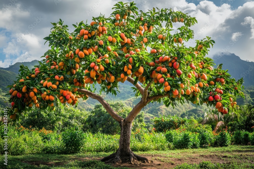 Lush mango tree laden with ripe fruit, scenic backdrop. Perfect for illustrating abundance, harvest, or tropical themes. Lush mango tree laden with ripe fruit, scenic backdrop. Perfect for illustrating abundance, harvest, or tropical themes.